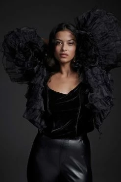 Outlet ???? Eva Franco Ruffled Organza Bomber Jacket BLACK ????