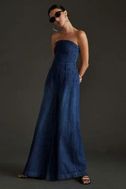 Coupon ???? Pilcro Strapless Polished Wide-Leg Jumpsuit DARK RUE WASH ⌛