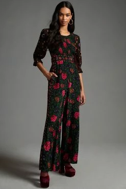 Deals ⌛ Farm Rio Smocked Jumpsuit BLACK MOTIF ????