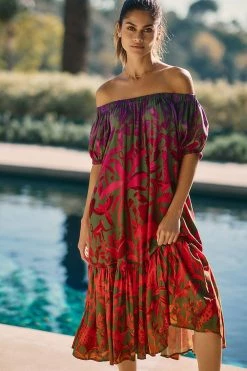 Best Sale ???? Farm Rio Off-The-Shoulder Cover-Up ???? Dress GREEN MOTIF ????